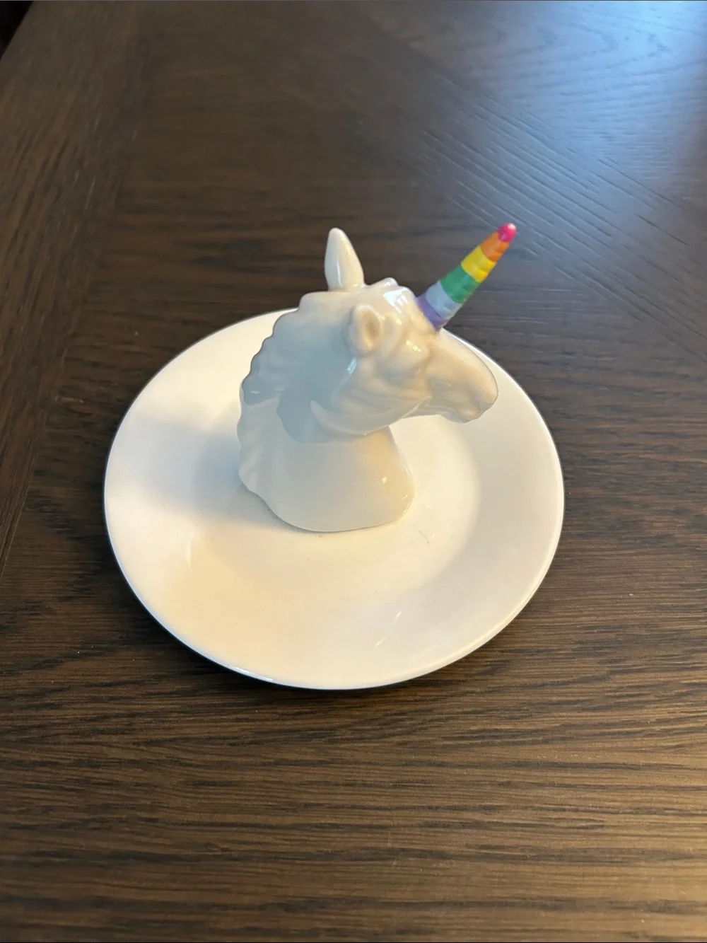 White Ceramic Unicorn Ring Dish with Rainbow Horn NWOT